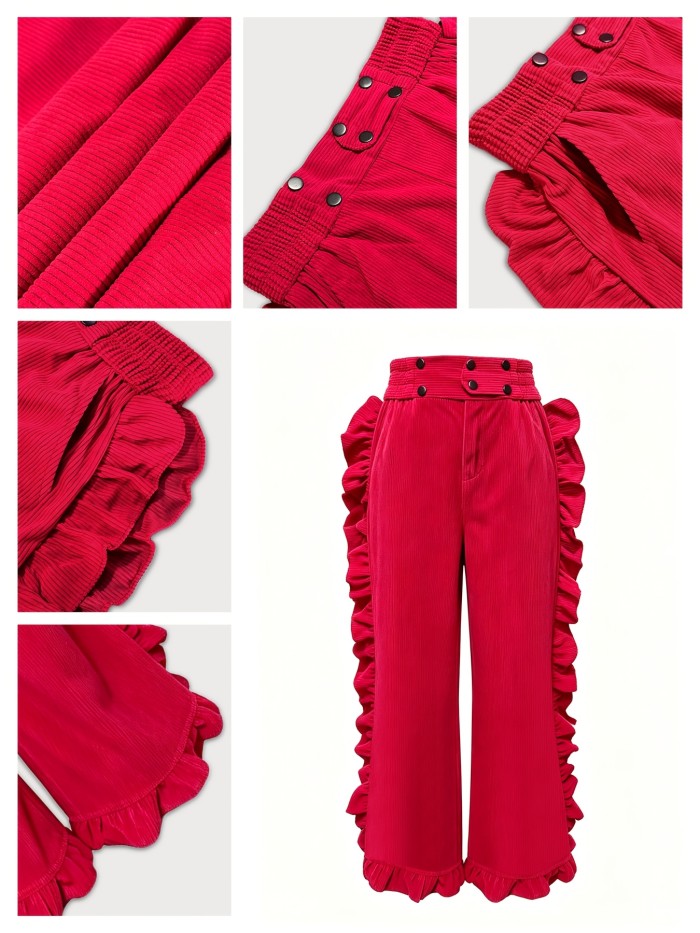 Burgundy Ruffled Wide-Leg Pants, Halloween\u002FChristmas New Arrival, High-Waist Loose Drapey Trousers