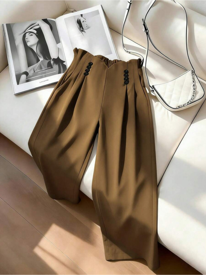 Women'S High-Waisted Buttoned Pleated Wide-Leg Pants Elegant Versatile Beautiful for Work, Dates, Parties, Daily Wear New Spring\u002FAutumn Collection