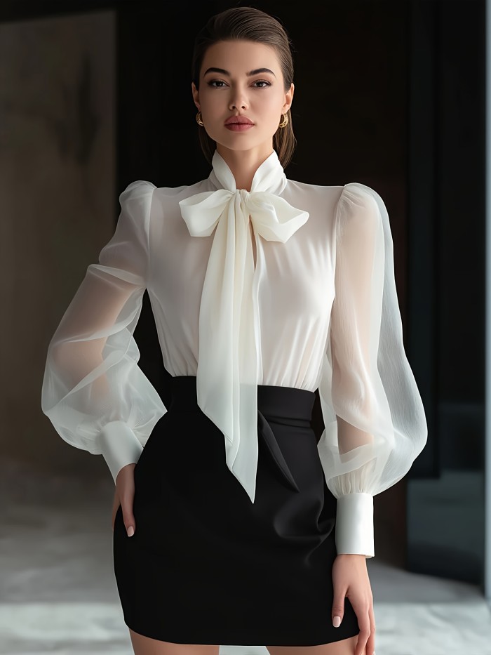 New Elegant High-Quality Women'S Chiffon Shirt with Mesh Sleeves And a Tie Design at The Neckline, Perfect for Commuting