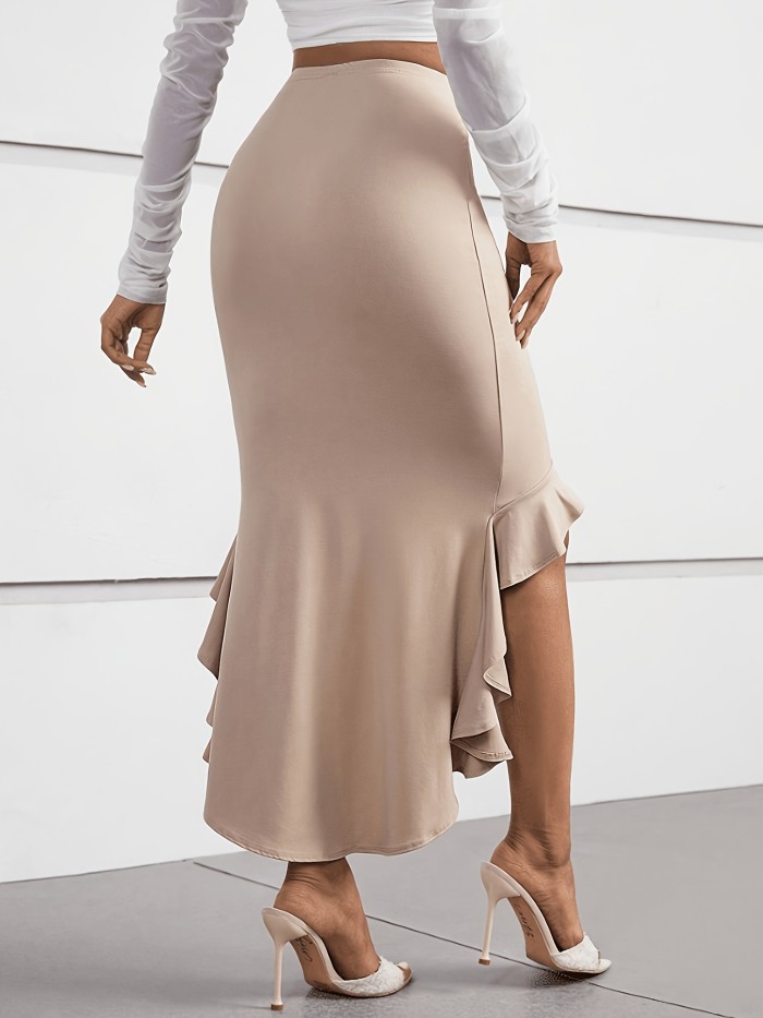 New Hot Item: Soft and Sexy | Nude High-Waist Pleated Slit Ruffle Mermaid Skirt. Nude Tone Gentle Atmosphere | High-Waist Pleated Ruffle Slit Mermaid Skirt. Mature Elegant Style | Nude Slim-Fit Pleated Irregular Hem Body-Hugging Long Skirt
