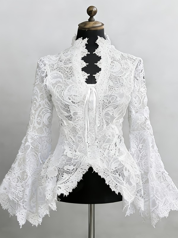 Women's Spring\u002Fsummer Fashion Garment: an Elegant Lace-trimmed, Sheer-bloused Shirt with Ties.