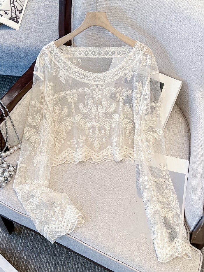 Long Sleeve Short Sheer Sexy Top Women'S Spring Autumn Short Outerwear Hollow Out Cover-Up Top