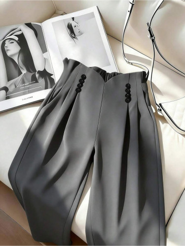 Women'S High-Waisted Buttoned Pleated Wide-Leg Pants Elegant Versatile Beautiful for Work, Dates, Parties, Daily Wear New Spring\u002FAutumn Collection