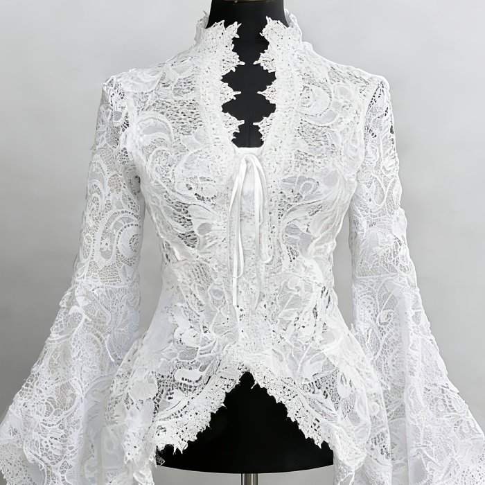 Women's Spring\u002Fsummer Fashion Garment: an Elegant Lace-trimmed, Sheer-bloused Shirt with Ties.
