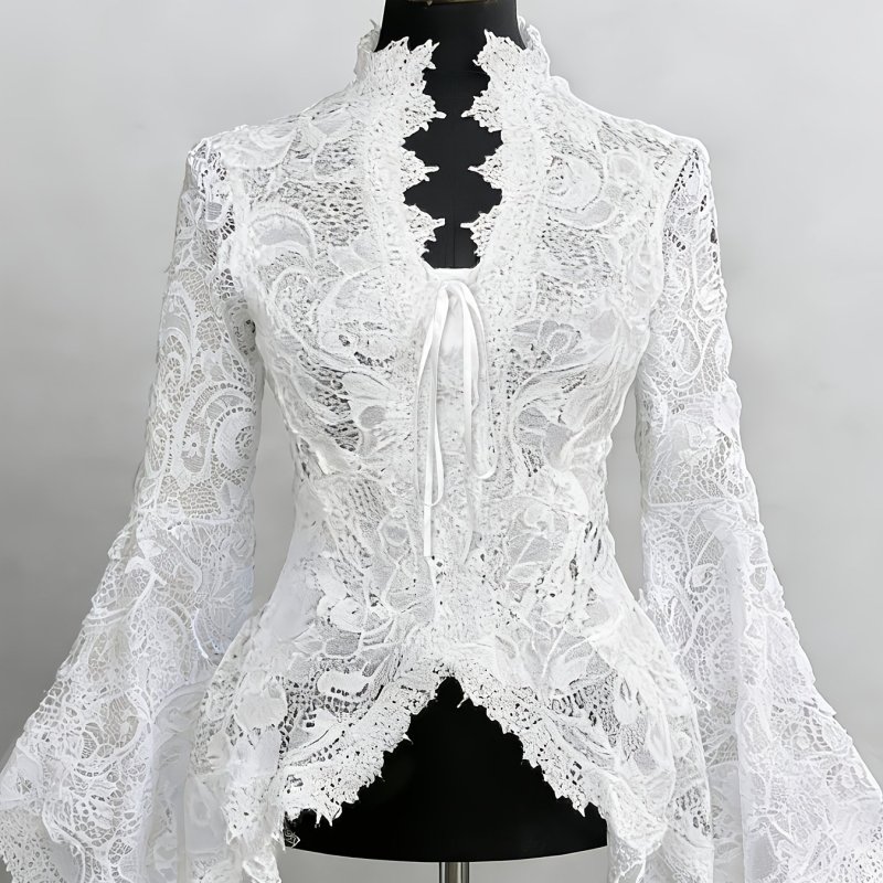 Women's Spring\u002Fsummer Fashion Garment: an Elegant Lace-trimmed, Sheer-bloused Shirt with Ties.