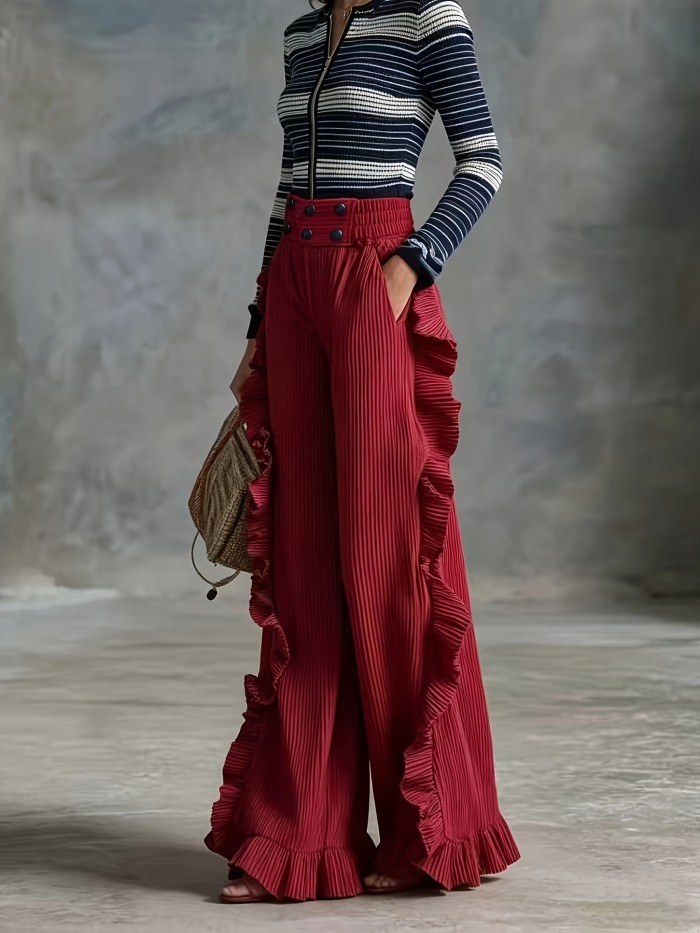 Burgundy Ruffled Wide-Leg Pants, Halloween\u002FChristmas New Arrival, High-Waist Loose Drapey Trousers