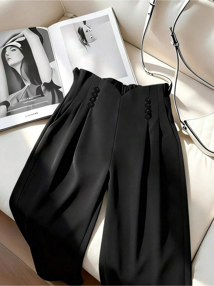 Women'S High-Waisted Buttoned Pleated Wide-Leg Pants Elegant Versatile Beautiful for Work, Dates, Parties, Daily Wear New Spring\u002FAutumn Collection