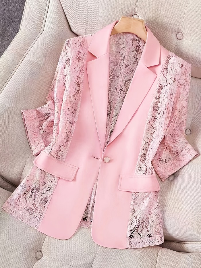 Women's Blazer, Thin Patchwork Lace Lightweight, Casual Office Wear, 3\u002F4 Sleeve