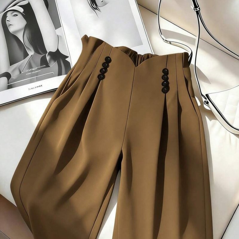 Women'S High-Waisted Buttoned Pleated Wide-Leg Pants Elegant Versatile Beautiful for Work, Dates, Parties, Daily Wear New Spring\u002FAutumn Collection