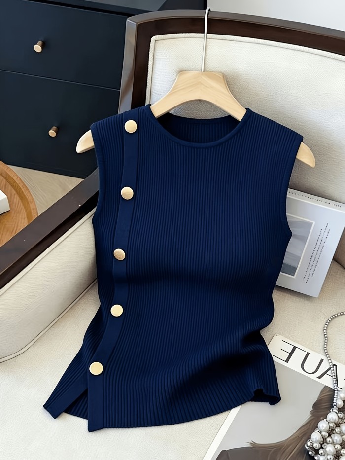 Women's Sleeveless Top with Metallic Button Accents, Simple and Elegant, Suitable for Commuting, Business Casual, and Office Wear. Perfect for Parties, New Year Gatherings, St. Patrick's Day, Easter, Summer Parties, Beach Vacations, Summer Outings