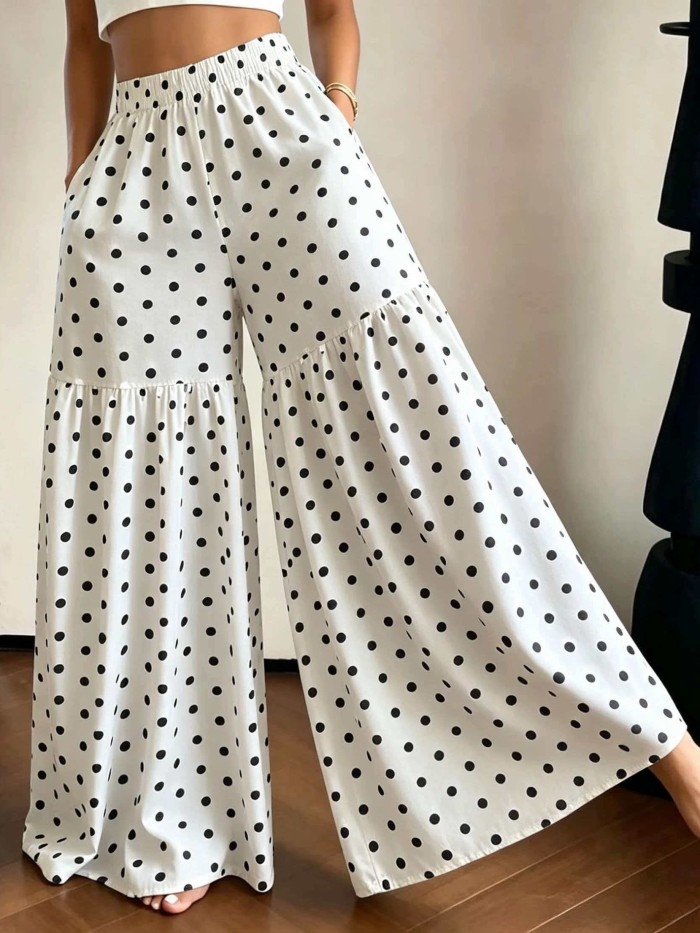 French Retro Polka Dot Wide-Leg Pants Women'S High-Waist Drapey Loose Flared Floor-Length Trousers
