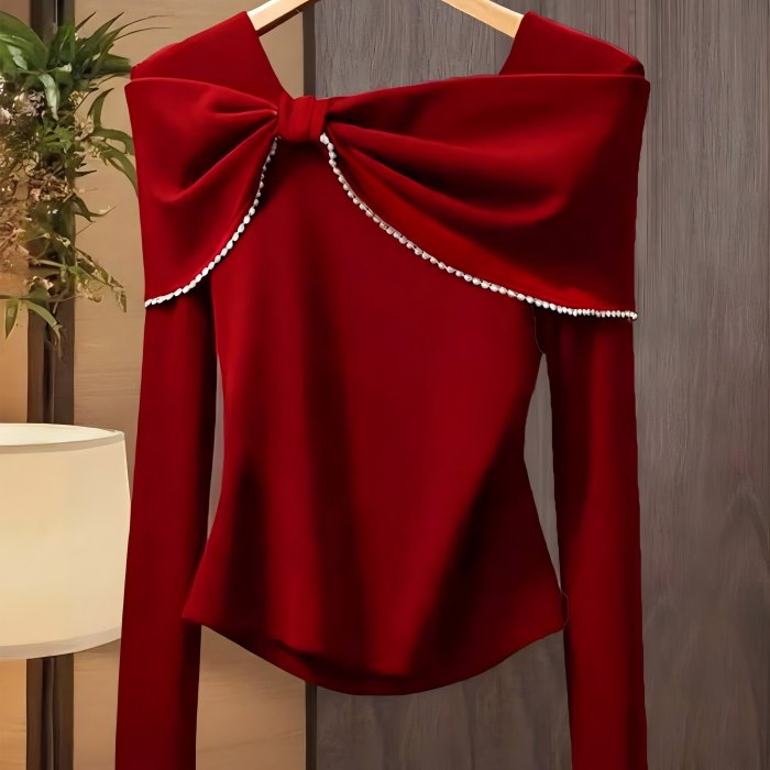 Women's Elegant Bow Accent Slim-Fit long-Sleeve T-Shirt - Solid Color Medium-Stretch Bowknot Top, Machine Washable Winter Blouse for Office, Christmas Party & Fall\u002FWinter Wardrobe - Non- Smooth Base