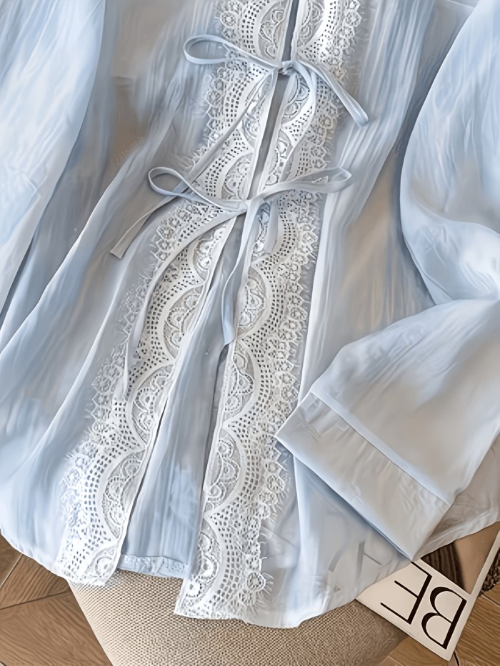 Lace-trimmed Sun-protective Shirt Jacket with Back Slit and Tie Straps, Loose Casual Blouse for Summer Solstice