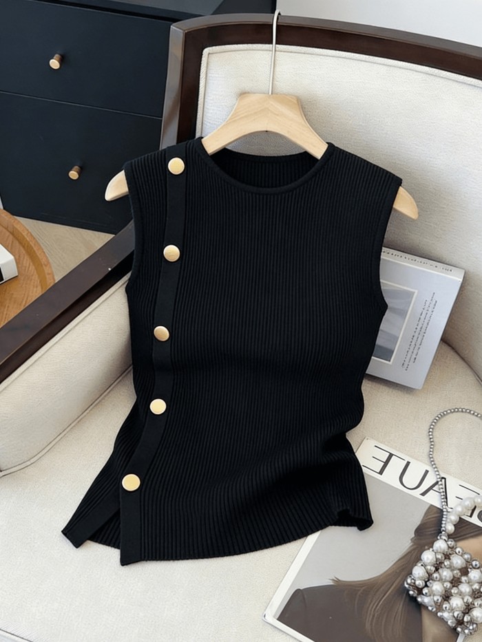 Women's Sleeveless Top with Metallic Button Accents, Simple and Elegant, Suitable for Commuting, Business Casual, and Office Wear. Perfect for Parties, New Year Gatherings, St. Patrick's Day, Easter, Summer Parties, Beach Vacations, Summer Outings