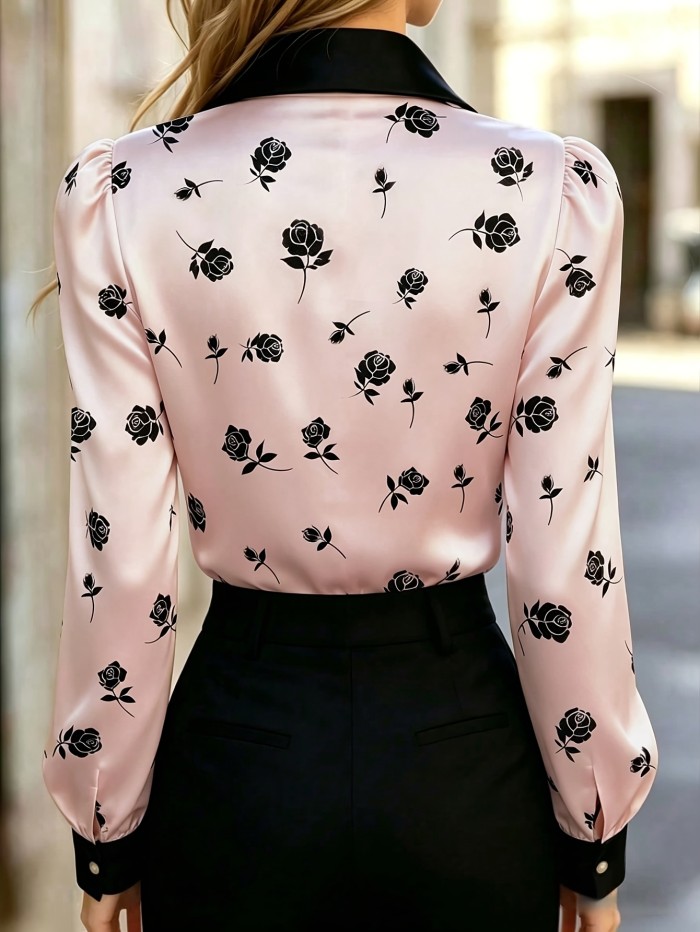 Women's Satin Rose-print Top, Long-sleeve Button-up Shirt with Bow Collar