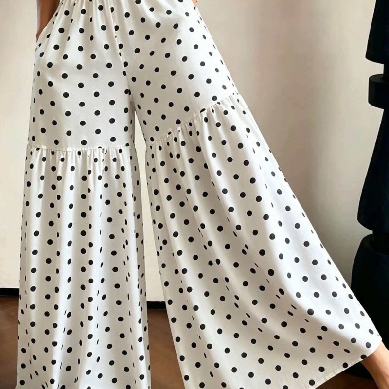 French Retro Polka Dot Wide-Leg Pants Women'S High-Waist Drapey Loose Flared Floor-Length Trousers