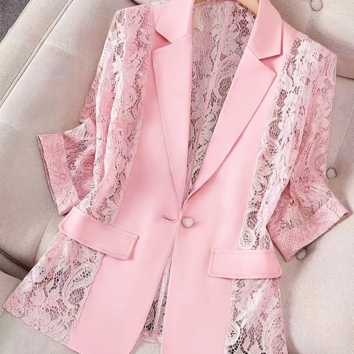 Women's Blazer, Thin Patchwork Lace Lightweight, Casual Office Wear, 3\u002F4 Sleeve