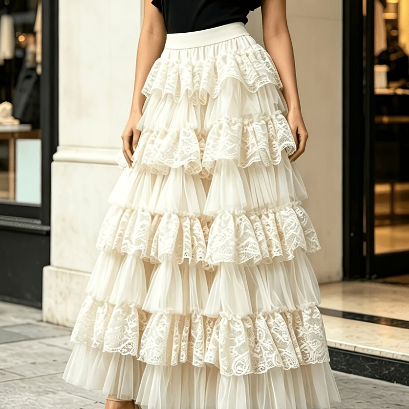 Women'S Mesh Lace Ruffled Patchwork with Lining Fashion Casual Cake Skirt