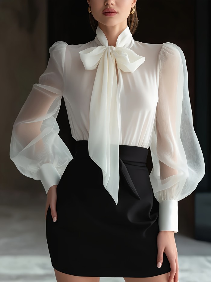 New Elegant High-Quality Women'S Chiffon Shirt with Mesh Sleeves And a Tie Design at The Neckline, Perfect for Commuting