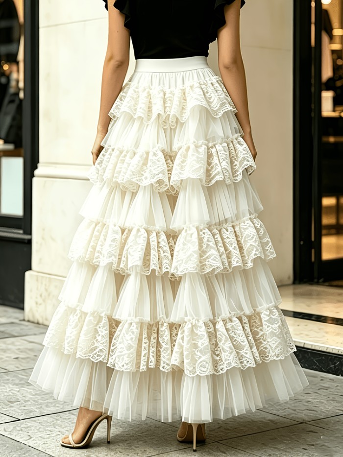 Women'S Mesh Lace Ruffled Patchwork with Lining Fashion Casual Cake Skirt