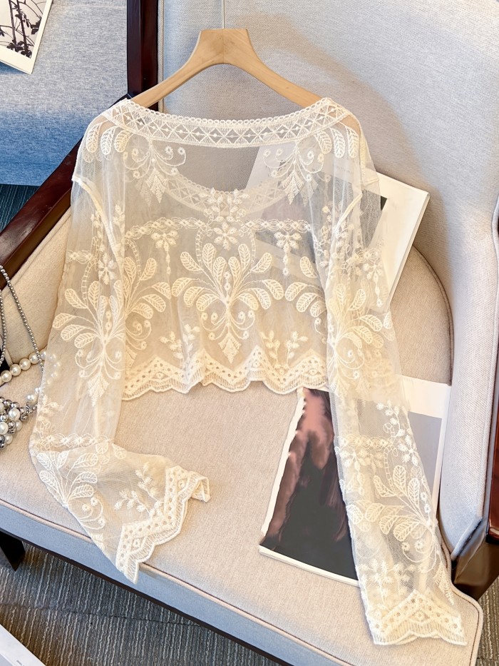 Long Sleeve Short Sheer Sexy Top Women'S Spring Autumn Short Outerwear Hollow Out Cover-Up Top