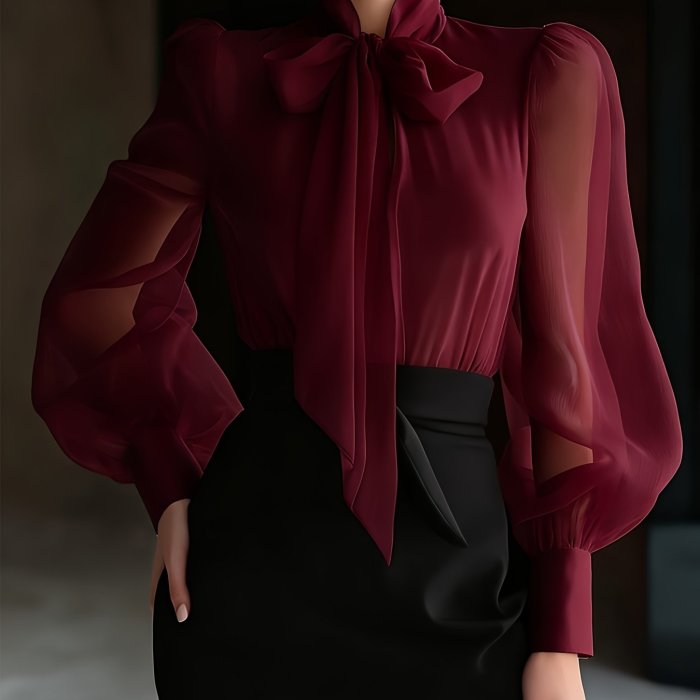 New Elegant High-Quality Women'S Chiffon Shirt with Mesh Sleeves And a Tie Design at The Neckline, Perfect for Commuting