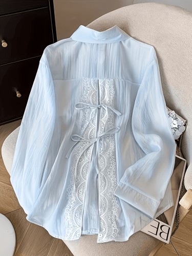 Lace-trimmed Sun-protective Shirt Jacket with Back Slit and Tie Straps, Loose Casual Blouse for Summer Solstice
