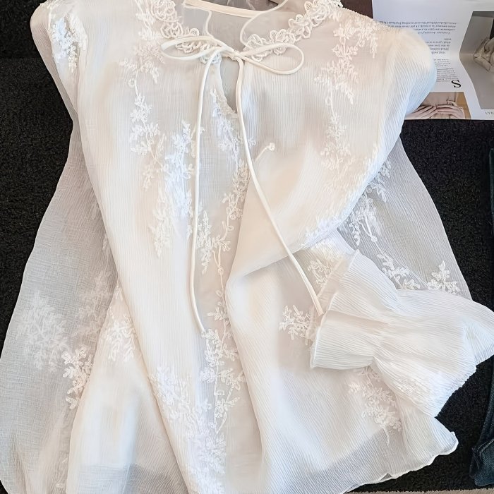 Women's French Lace Embroidered Blouse Chiffon Shirt - Semi-Sheer Ruffle Collar Top with Stand Collar, Machine Washable Spring Summer Blouse Shirt Suitable for Office, Wedding, Brunch, Casual Wear