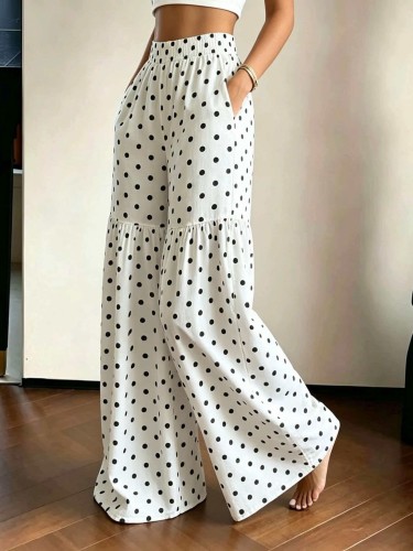 French Retro Polka Dot Wide-Leg Pants Women'S High-Waist Drapey Loose Flared Floor-Length Trousers