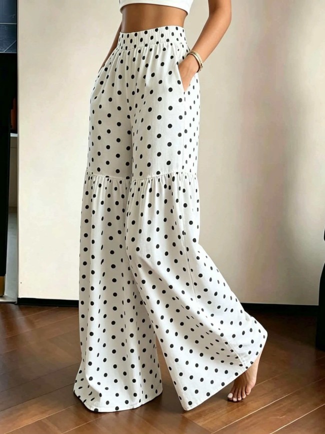 French Retro Polka Dot Wide-Leg Pants Women'S High-Waist Drapey Loose Flared Floor-Length Trousers