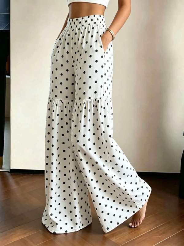 French Retro Polka Dot Wide-Leg Pants Women'S High-Waist Drapey Loose Flared Floor-Length Trousers