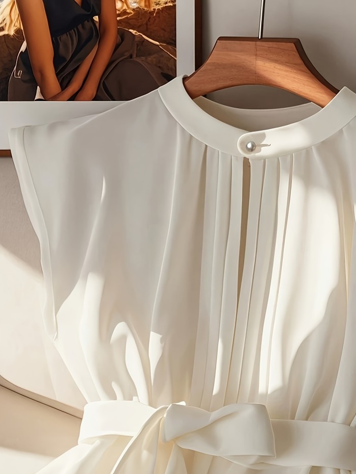 Women'S Summer Sleeveless Ruffled Tie-Detail Casual Commuter Shirt