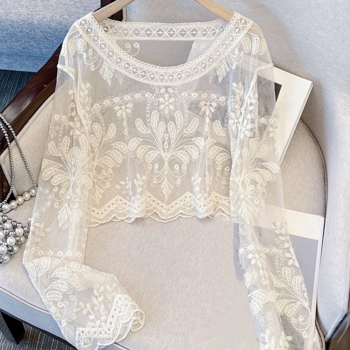 Long Sleeve Short Sheer Sexy Top Women'S Spring Autumn Short Outerwear Hollow Out Cover-Up Top
