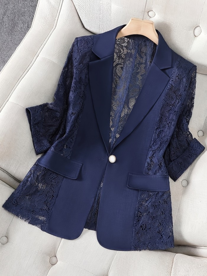 Women's Blazer, Thin Patchwork Lace Lightweight, Casual Office Wear, 3\u002F4 Sleeve