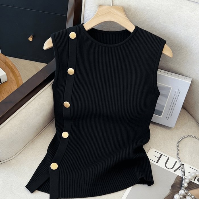 Women's Sleeveless Top with Metallic Button Accents, Simple and Elegant, Suitable for Commuting, Business Casual, and Office Wear. Perfect for Parties, New Year Gatherings, St. Patrick's Day, Easter, Summer Parties, Beach Vacations, Summer Outings