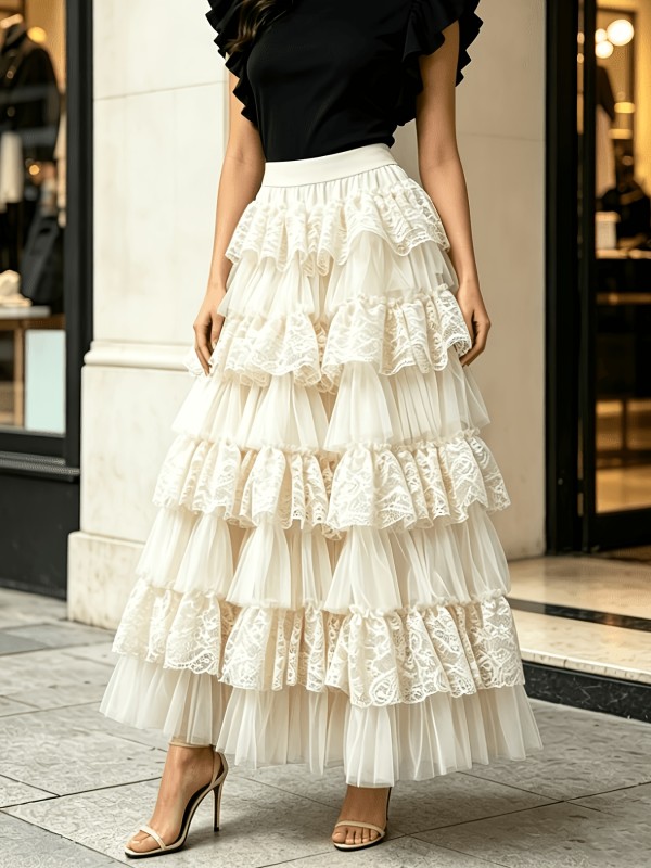 Women'S Mesh Lace Ruffled Patchwork with Lining Fashion Casual Cake Skirt