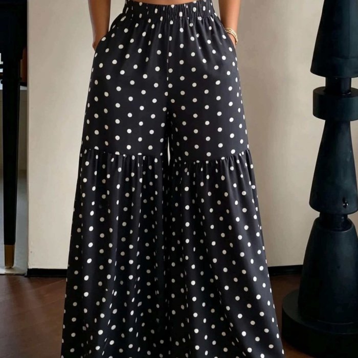 French Retro Polka Dot Wide-Leg Pants Women'S High-Waist Drapey Loose Flared Floor-Length Trousers