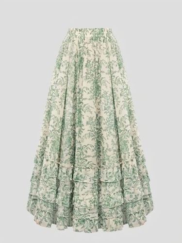 Women's A-line Midi Skirt, High-waisted Elasticated Layered Ruffled Maxi Skirt, Elegant Vintage Botanical Print Pastoral-style Green Floral Maxi Dress, Vintage High-waisted Flared Skirt, Suitable for Spring, Summer, and Autumn.