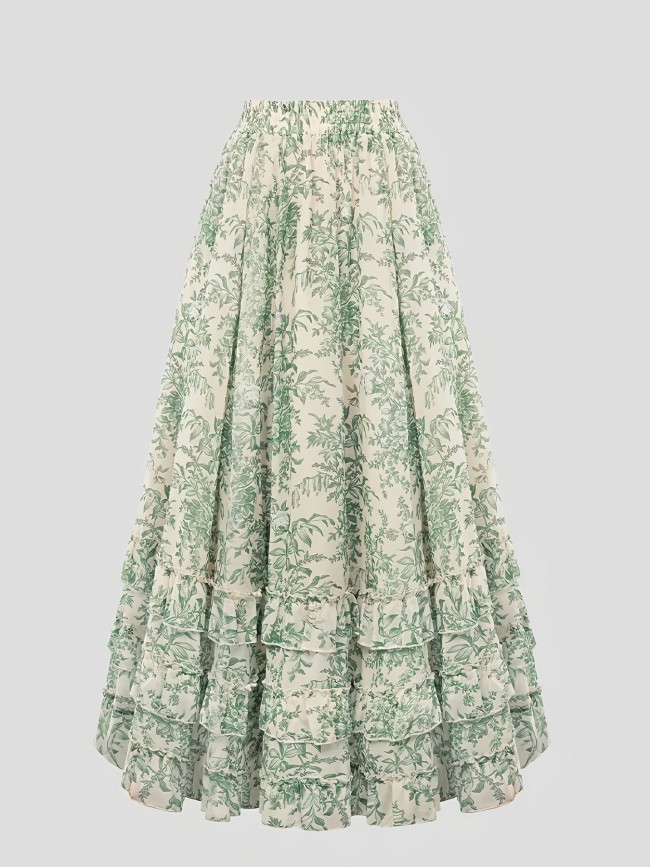 Women's A-line Midi Skirt, High-waisted Elasticated Layered Ruffled Maxi Skirt, Elegant Vintage Botanical Print Pastoral-style Green Floral Maxi Dress, Vintage High-waisted Flared Skirt, Suitable for Spring, Summer, and Autumn.