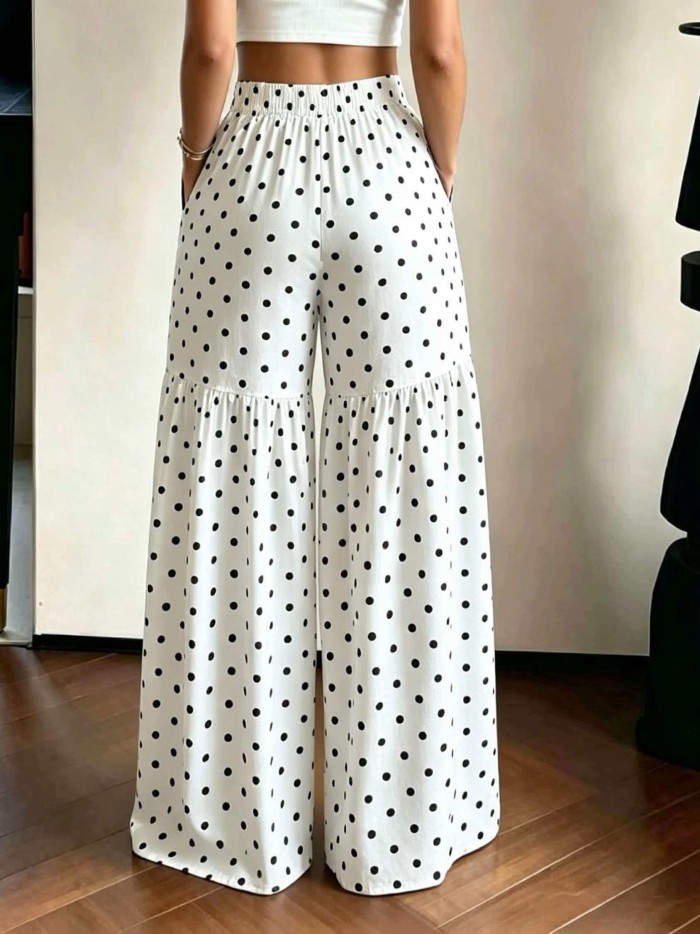 French Retro Polka Dot Wide-Leg Pants Women'S High-Waist Drapey Loose Flared Floor-Length Trousers