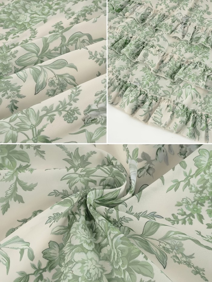 Women's A-line Midi Skirt, High-waisted Elasticated Layered Ruffled Maxi Skirt, Elegant Vintage Botanical Print Pastoral-style Green Floral Maxi Dress, Vintage High-waisted Flared Skirt, Suitable for Spring, Summer, and Autumn.