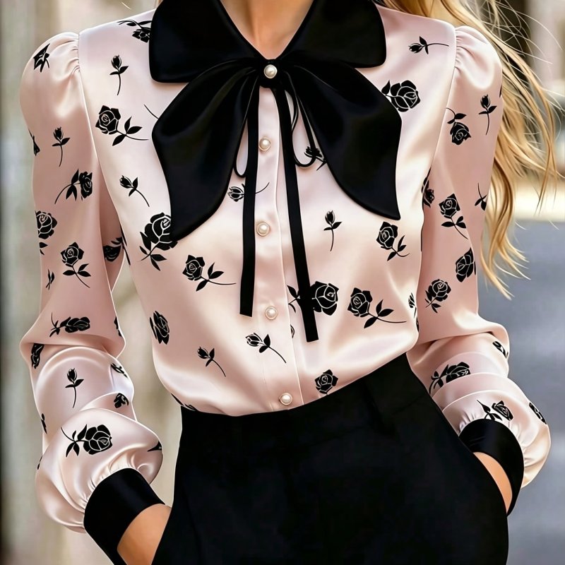 Women's Satin Rose-print Top, Long-sleeve Button-up Shirt with Bow Collar