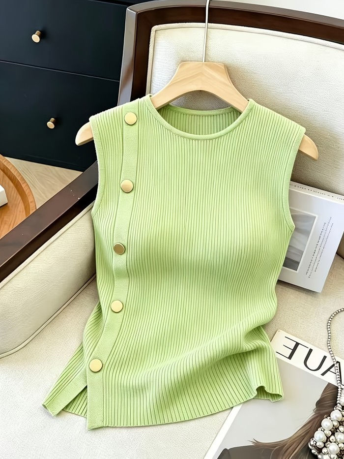 Women's Sleeveless Top with Metallic Button Accents, Simple and Elegant, Suitable for Commuting, Business Casual, and Office Wear. Perfect for Parties, New Year Gatherings, St. Patrick's Day, Easter, Summer Parties, Beach Vacations, Summer Outings