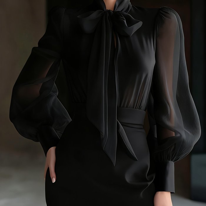 New Elegant High-Quality Women'S Chiffon Shirt with Mesh Sleeves And a Tie Design at The Neckline, Perfect for Commuting