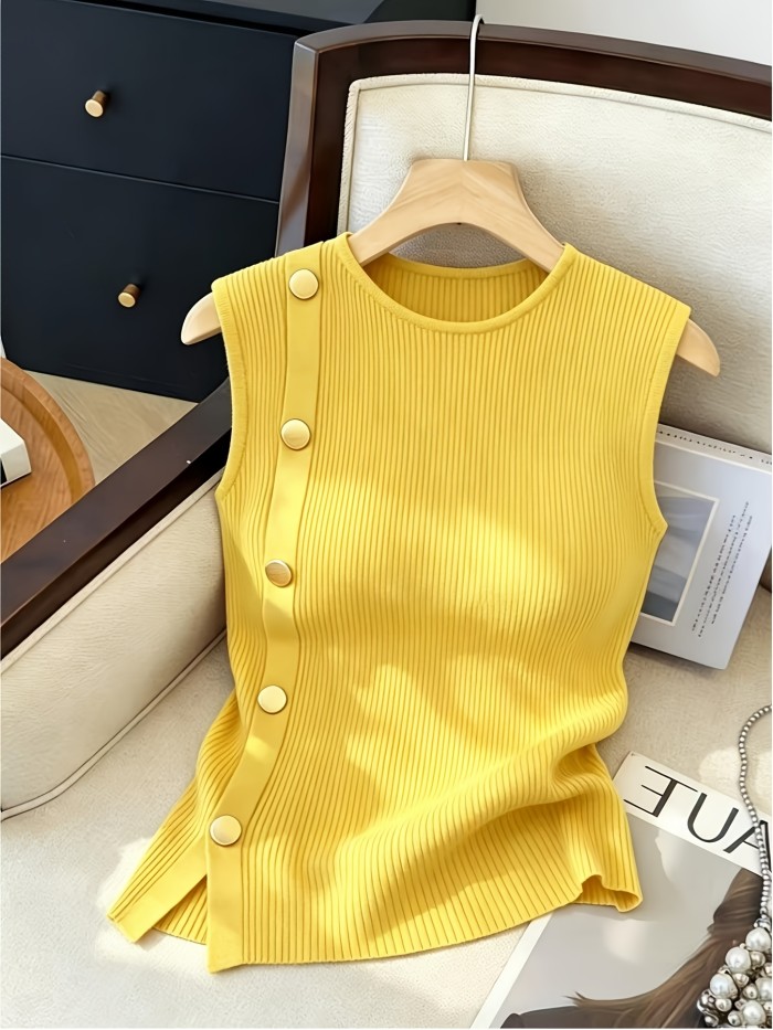 Women's Sleeveless Top with Metallic Button Accents, Simple and Elegant, Suitable for Commuting, Business Casual, and Office Wear. Perfect for Parties, New Year Gatherings, St. Patrick's Day, Easter, Summer Parties, Beach Vacations, Summer Outings