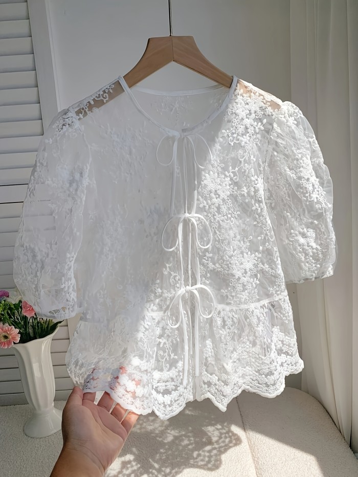 Women's Embroidered Blouse Elegant Party Women's Blouse - Girly Style Pretty Top - White Cut-Out Embroidered Shirt - Sheer Front Open Placket Round Neck Bow Tie Lacing Short Sleeve Top - Beautiful Youthful Fashionable Casual Shirt