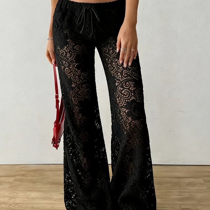 Wilderness Orienteering\u002FVacation Style Textured Lace Hollow Loose Solid Color Casual Pants\u002FHot Sexy High Waist Versatile Straight Leg Long Pants