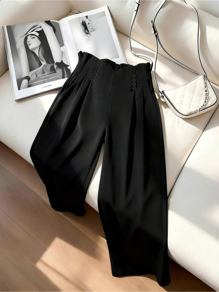 Women'S High-Waisted Buttoned Pleated Wide-Leg Pants Elegant Versatile Beautiful for Work, Dates, Parties, Daily Wear New Spring\u002FAutumn Collection