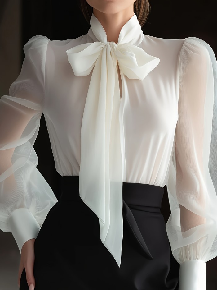 New Elegant High-Quality Women'S Chiffon Shirt with Mesh Sleeves And a Tie Design at The Neckline, Perfect for Commuting