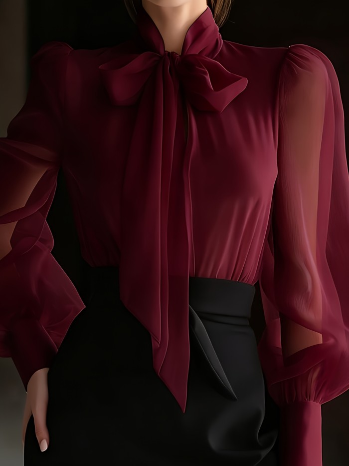 New Elegant High-Quality Women'S Chiffon Shirt with Mesh Sleeves And a Tie Design at The Neckline, Perfect for Commuting